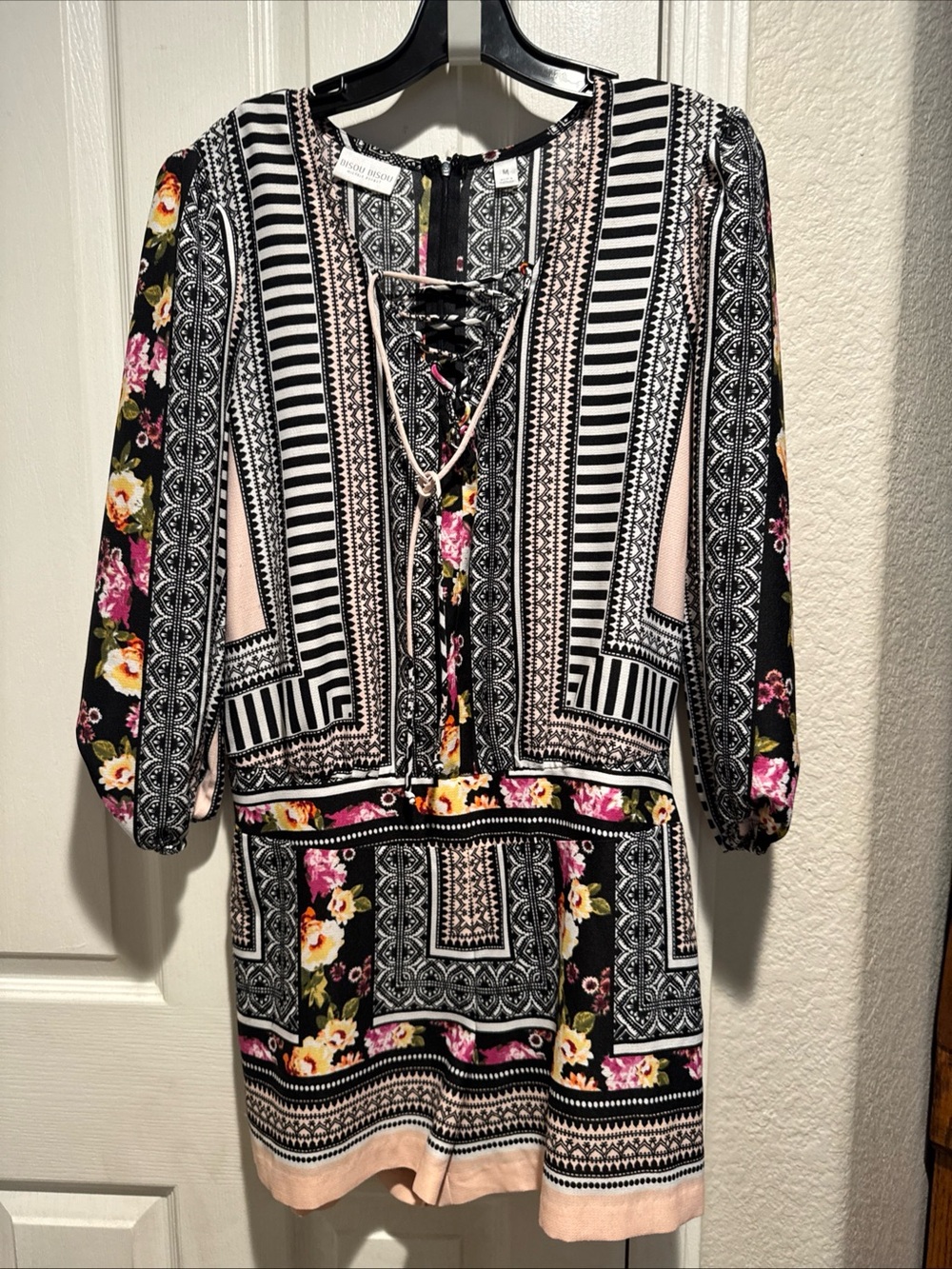 Bisou Bisou Black & Pink Floral Lace-Up Romper